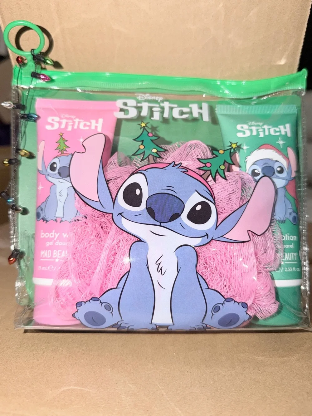 Disney Stitch Kids Bath Set – Pink & Green Tubes with Pink Loofah